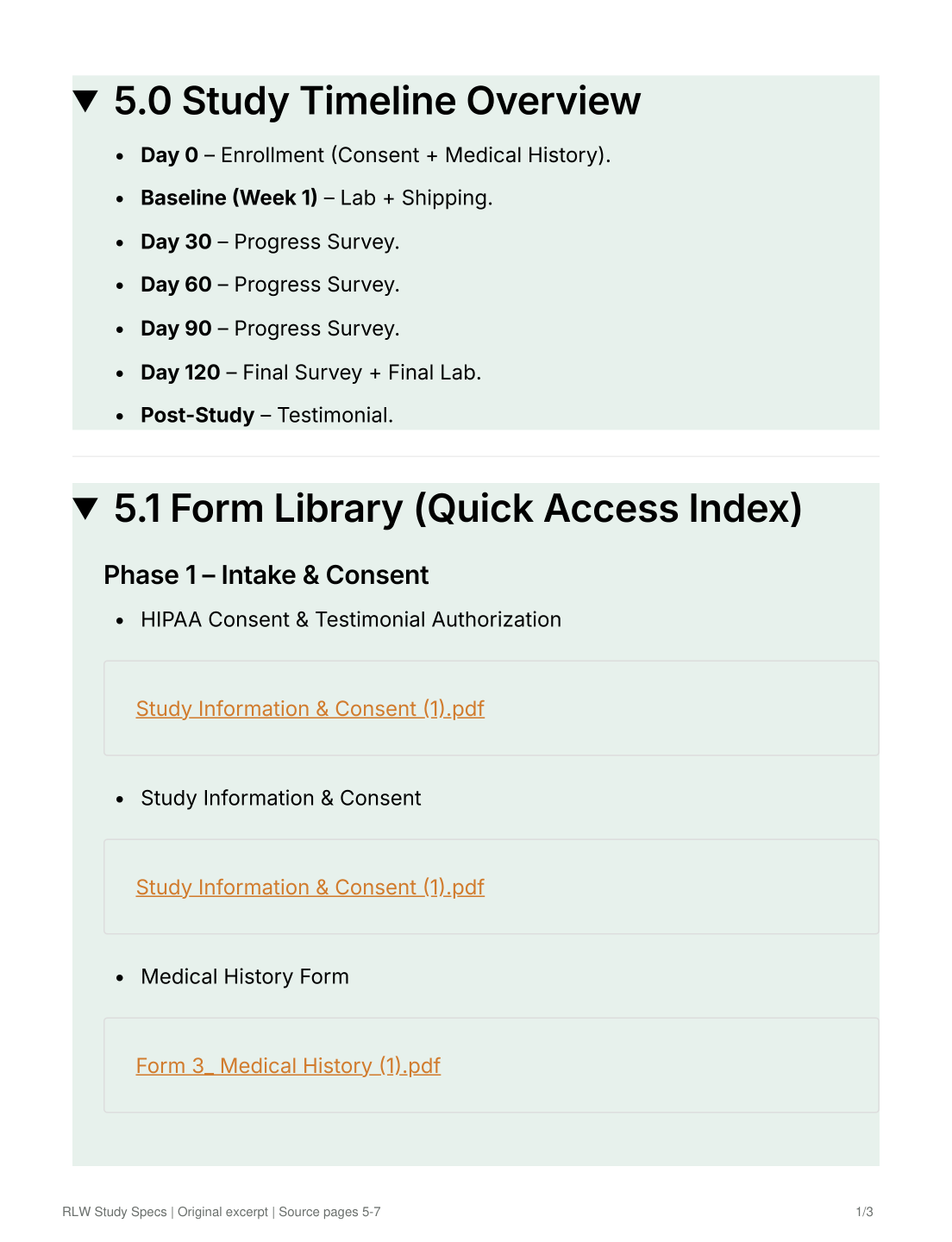 Original study timeline and form library excerpt with intake and consent documents