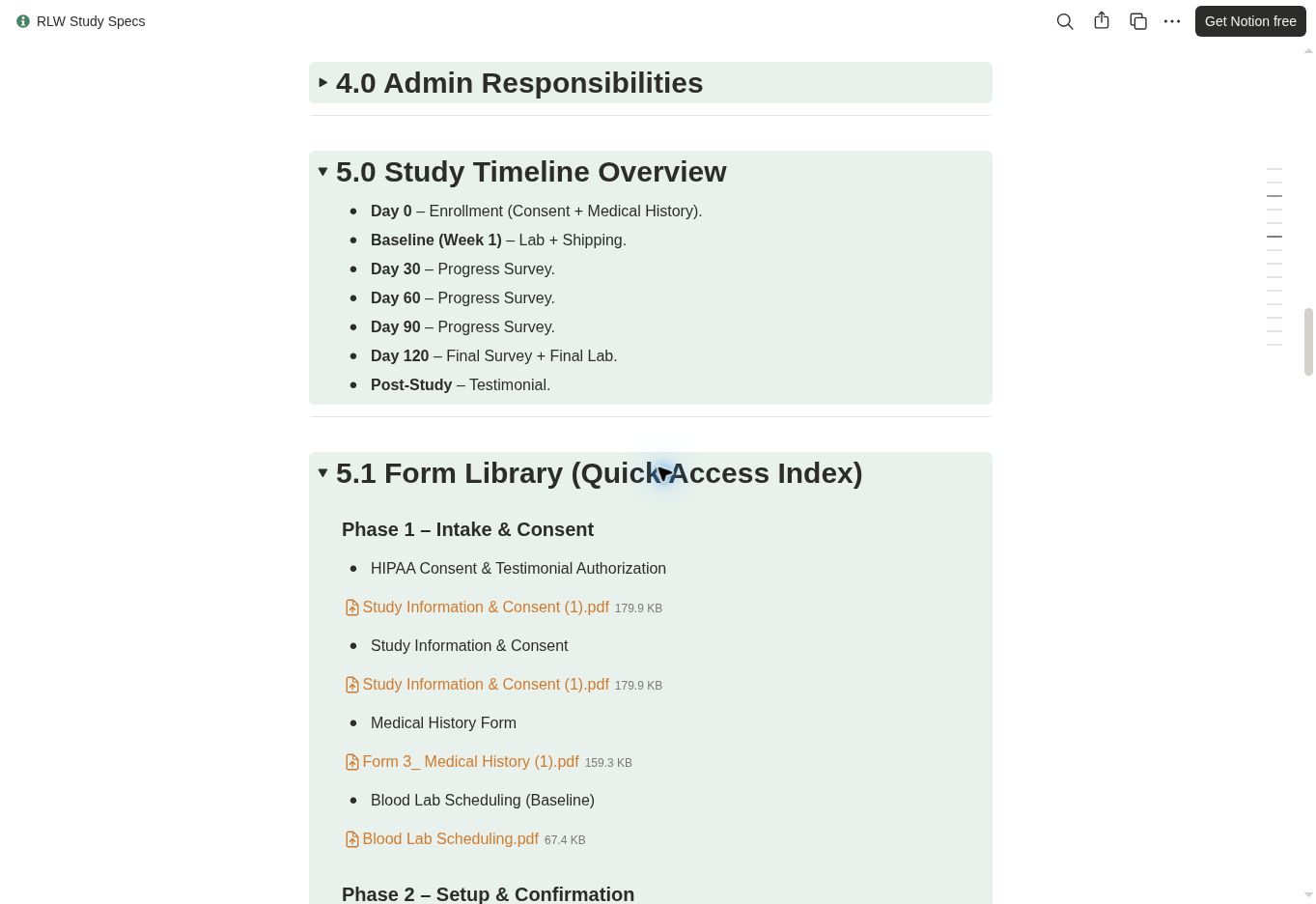 RLW phased form library and study timeline