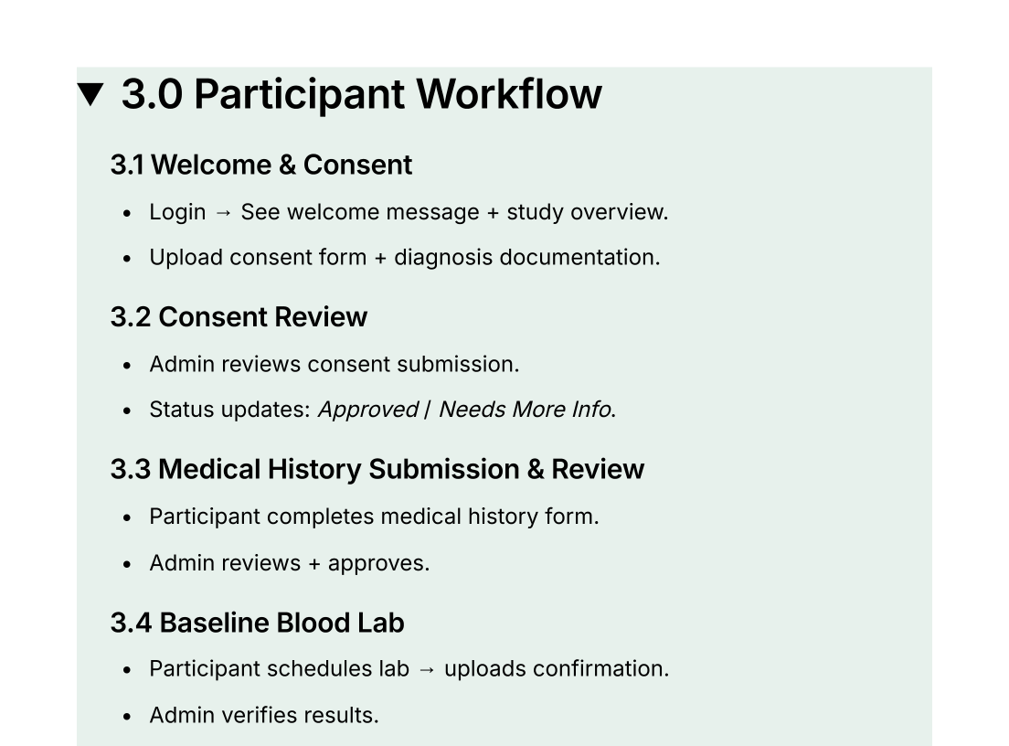 Original participant workflow excerpt showing consent, review and baseline lab steps